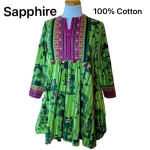 🌷 Sapphire 🌷 Green Fuchsia Strawberry Floral Print Cotton Tunic  Dress Top